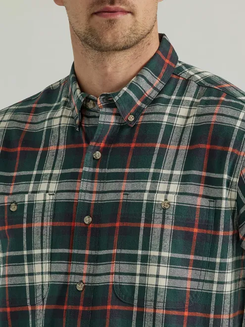 112330381- Wrangler Men’s Rugged Wear LS Flannel Plaid Dutton-Down Shirt - Green Orange
