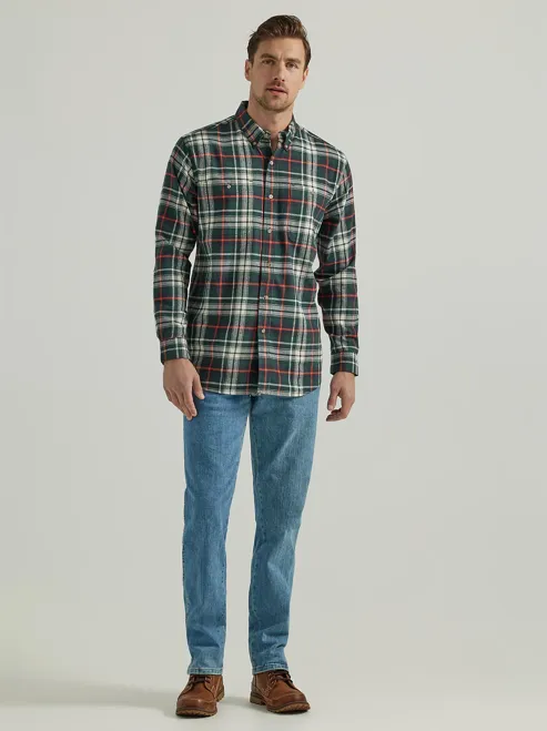 112330381- Wrangler Men’s Rugged Wear LS Flannel Plaid Dutton-Down Shirt - Green Orange