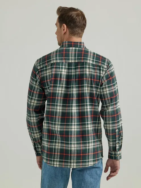 112330381- Wrangler Men’s Rugged Wear LS Flannel Plaid Dutton-Down Shirt - Green Orange