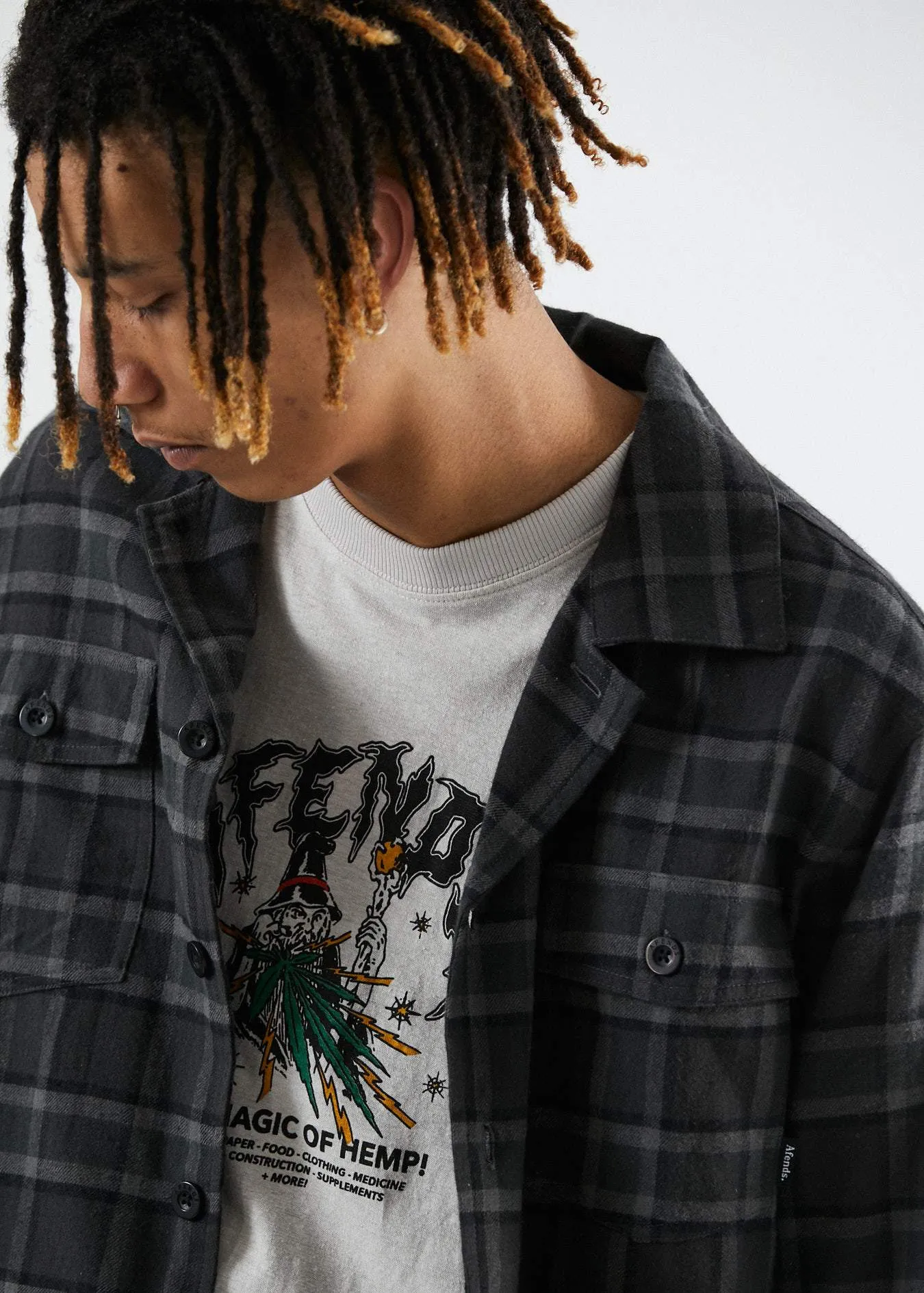 Afends Mens Grave Digger - Hemp Work Long Sleeve Shirt - Gunmetal