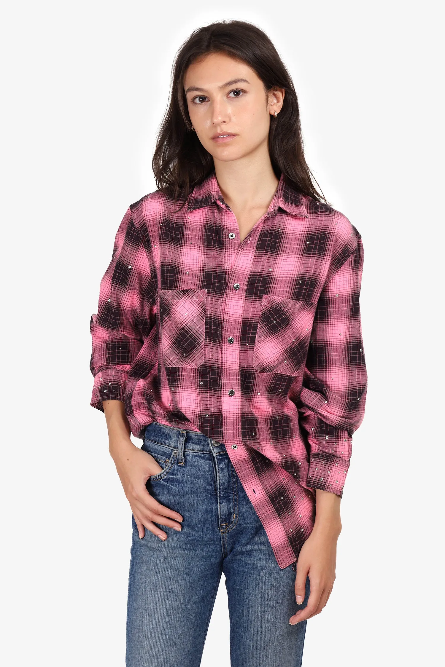 Amiri Pink/Black Crystal Embellished Checked Long-Sleeve Shirt Size 8