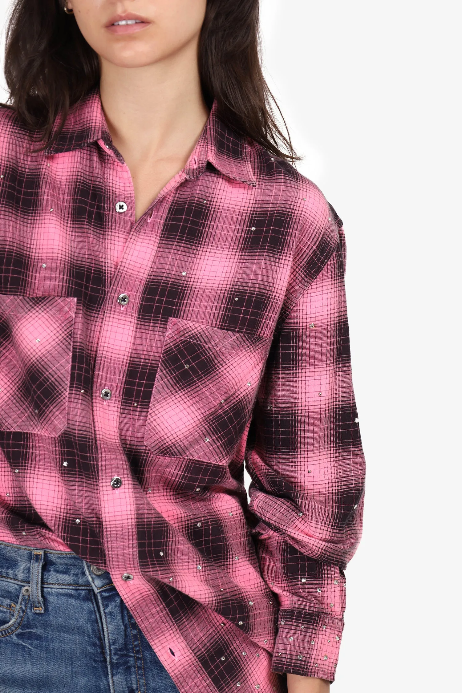 Amiri Pink/Black Crystal Embellished Checked Long-Sleeve Shirt Size 8