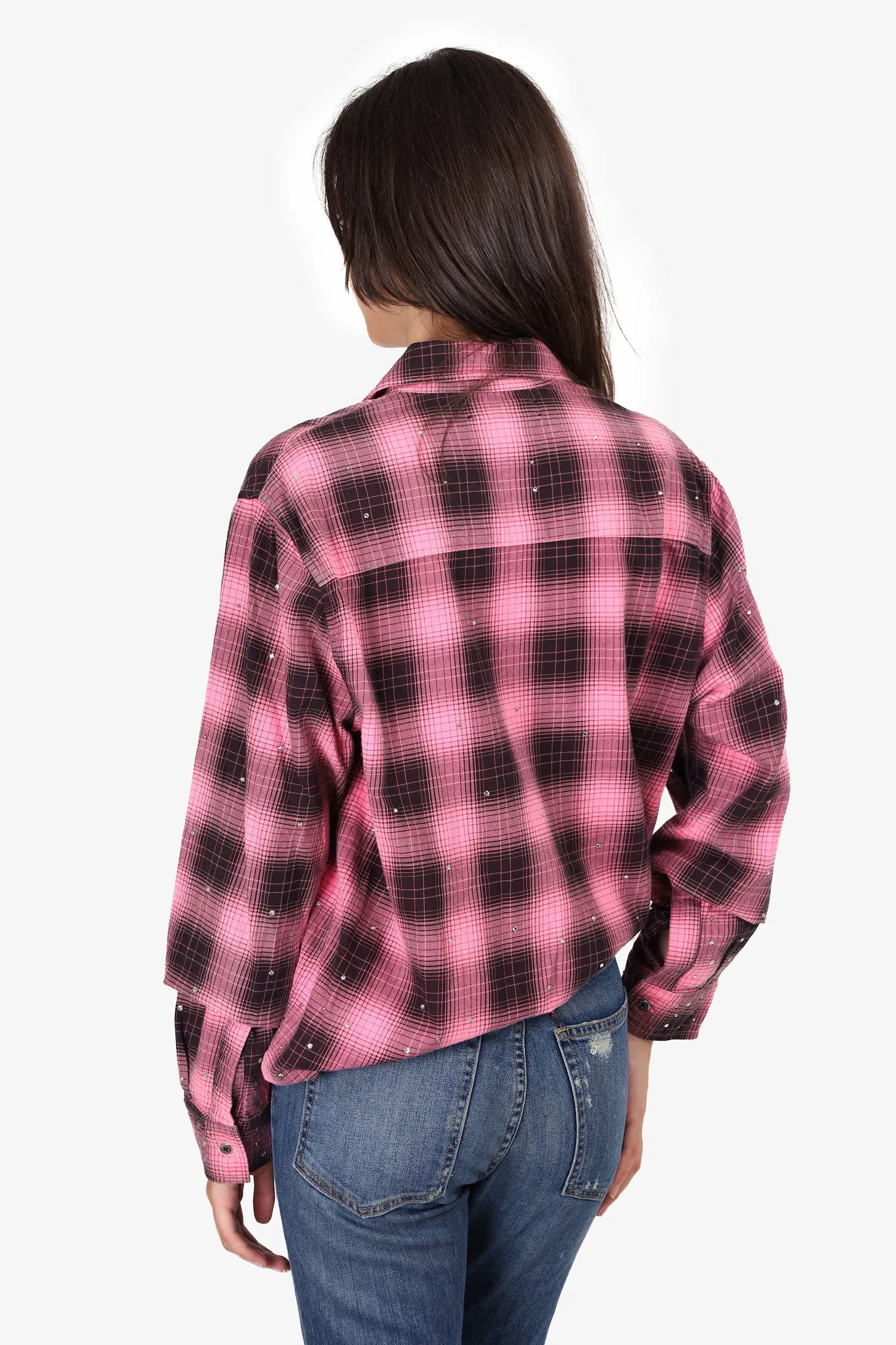 Amiri Pink/Black Crystal Embellished Checked Long-Sleeve Shirt Size 8