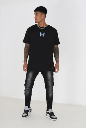 BIKER STITCH DETAIL RIPPED CHARCOAL JEANS