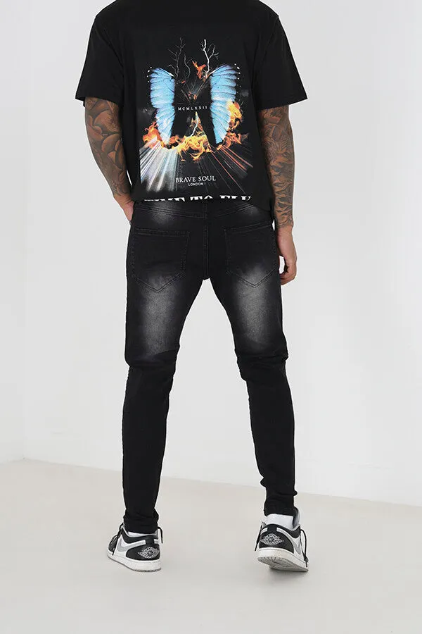 BIKER STITCH DETAIL RIPPED CHARCOAL JEANS