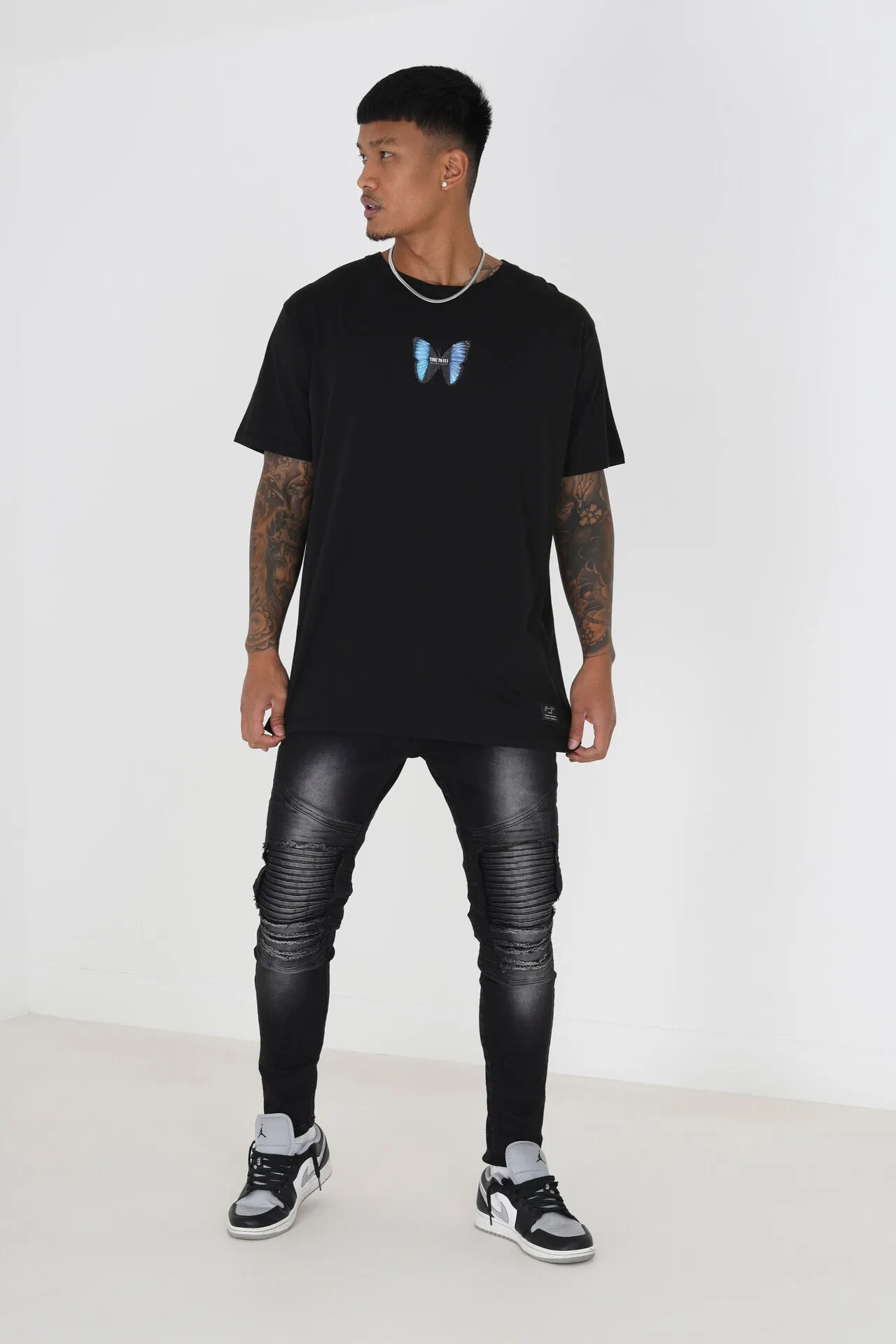 BIKER STITCH DETAIL RIPPED CHARCOAL JEANS