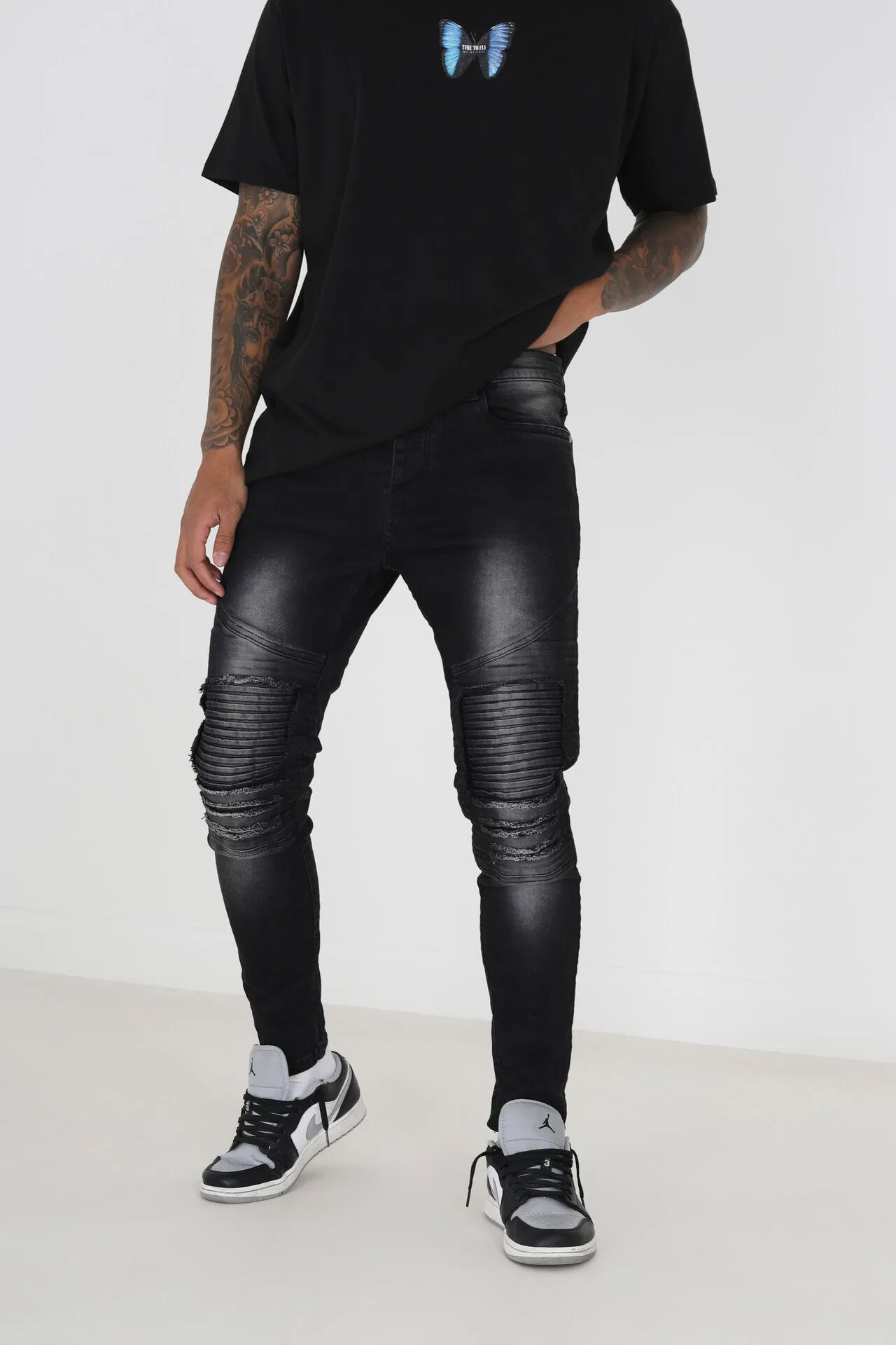 BIKER STITCH DETAIL RIPPED CHARCOAL JEANS