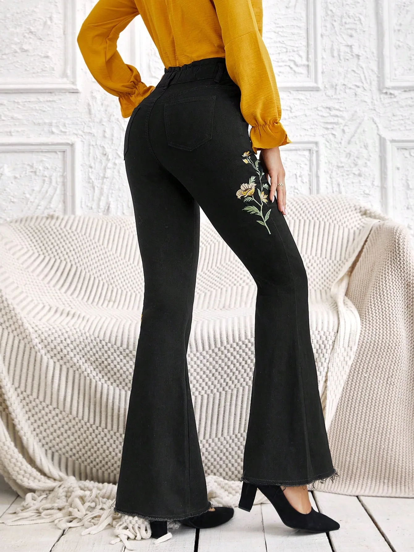 Black Floral Pattern Bootcut Flare Leg Jeans For Women