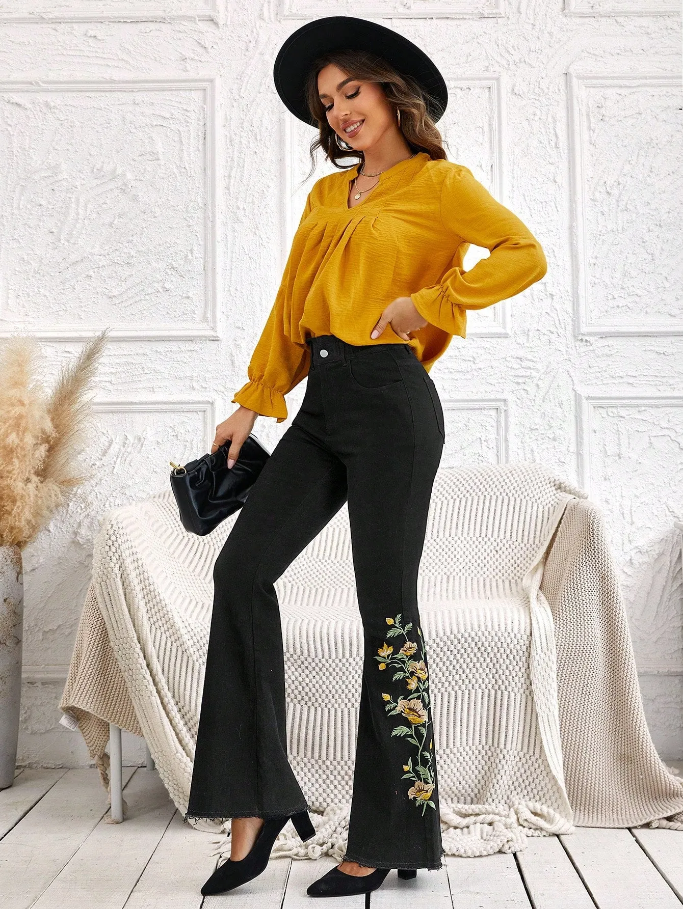 Black Floral Pattern Bootcut Flare Leg Jeans For Women