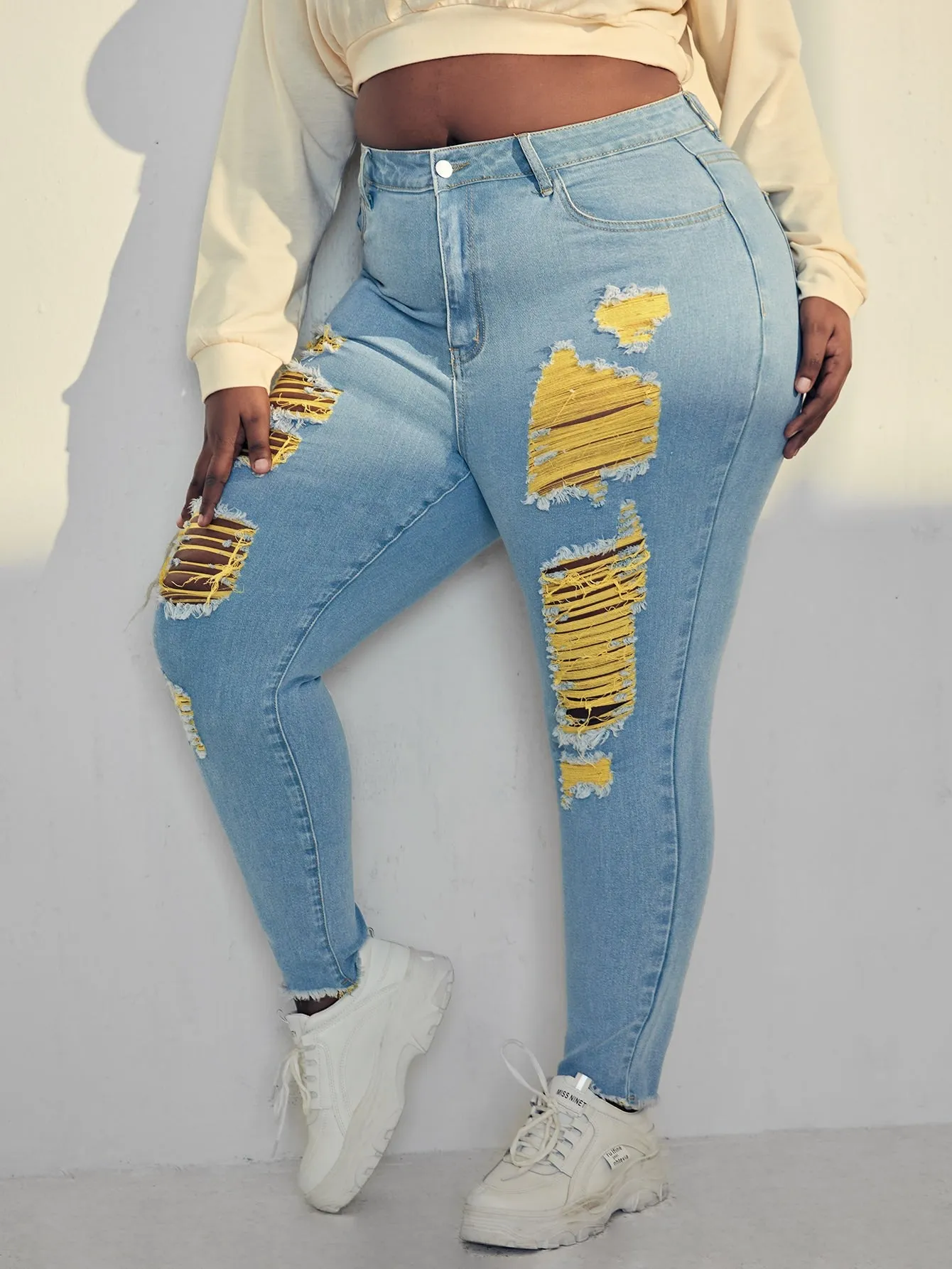 Colorblock Zipper Natural Long Plus Size Jeans
