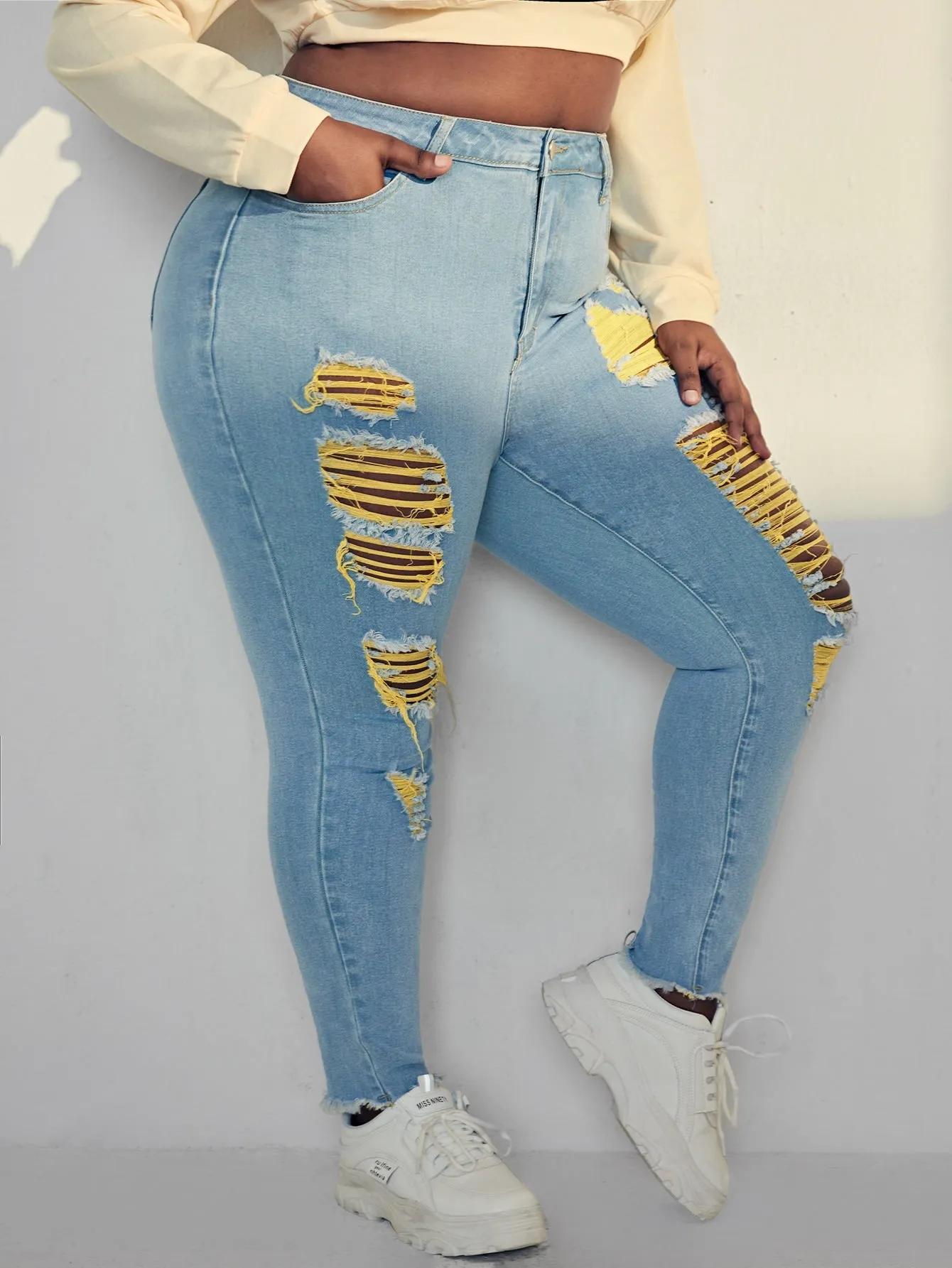 Colorblock Zipper Natural Long Plus Size Jeans