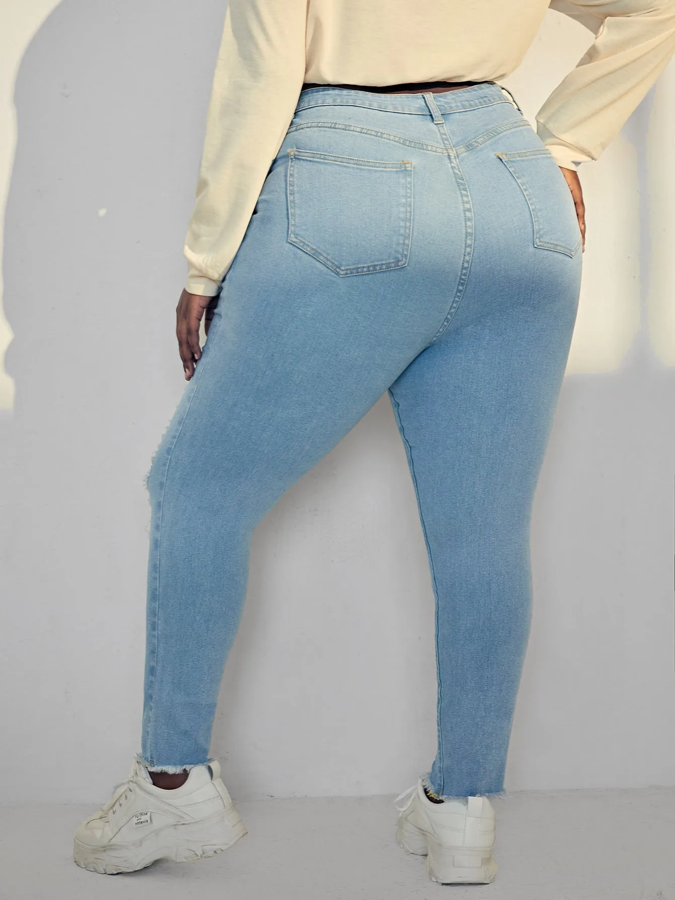 Colorblock Zipper Natural Long Plus Size Jeans