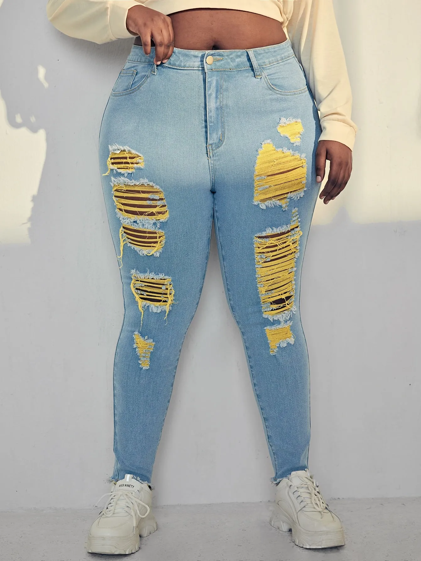 Colorblock Zipper Natural Long Plus Size Jeans