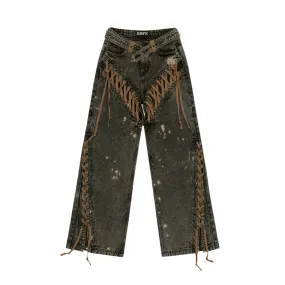 Cowboy Lace Up Tassel Denim Western Boho Jeans