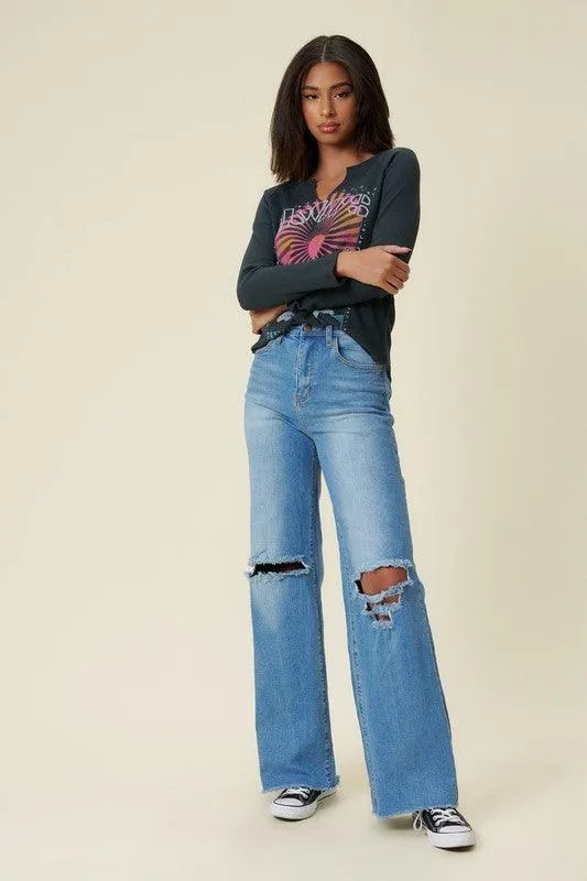 Distressed Wide Fit Jeans Medium Blue