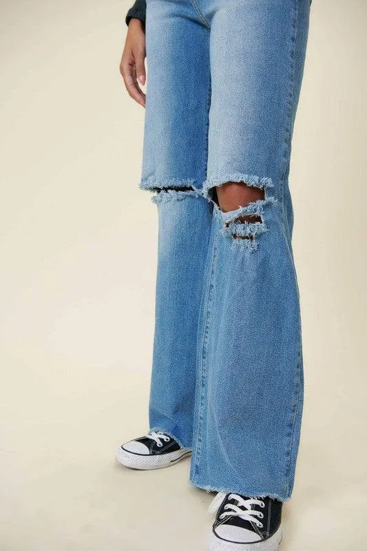 Distressed Wide Fit Jeans Medium Blue