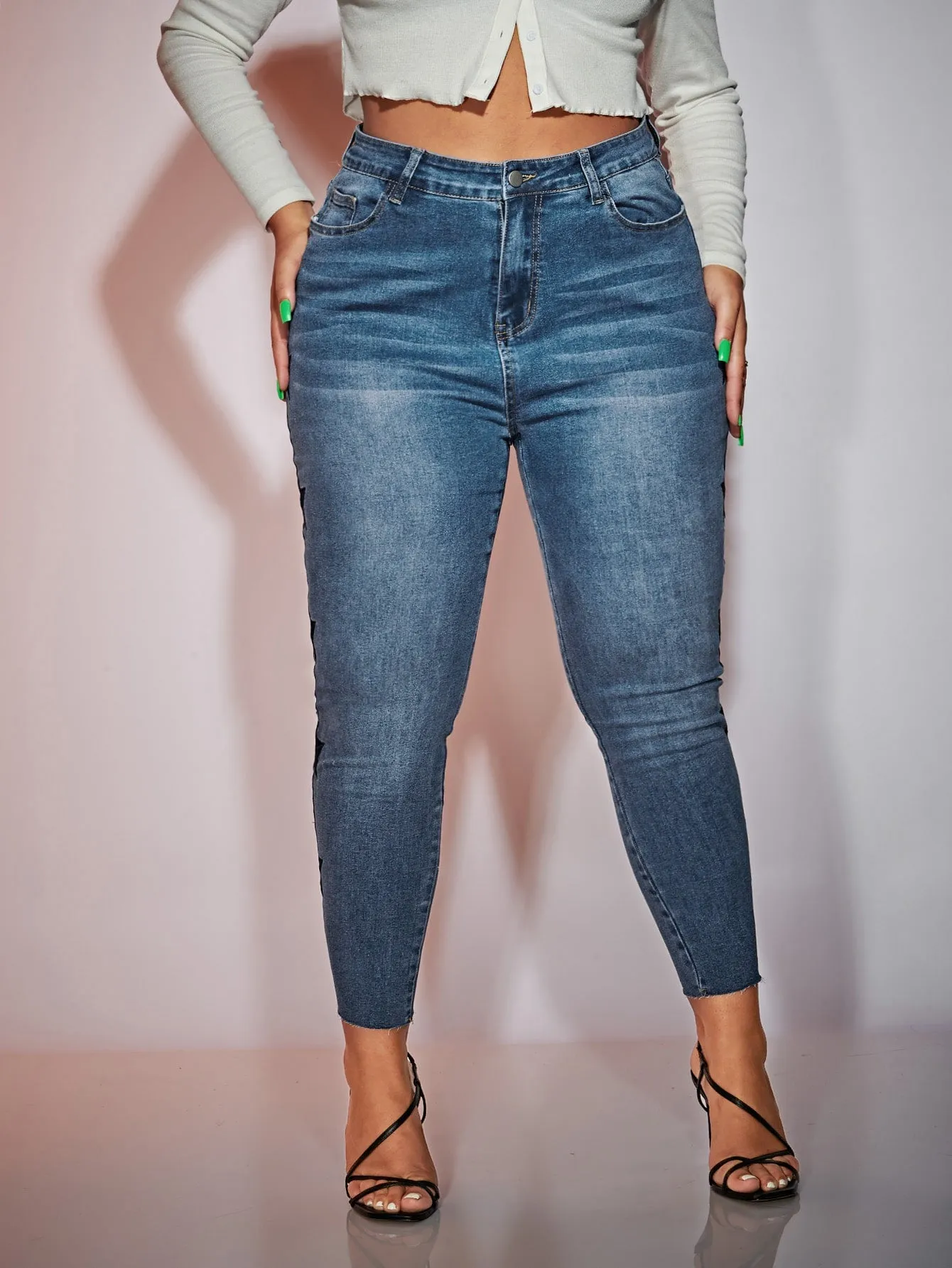 Geometric Washed High Waist Cropped Plus Size Jeans