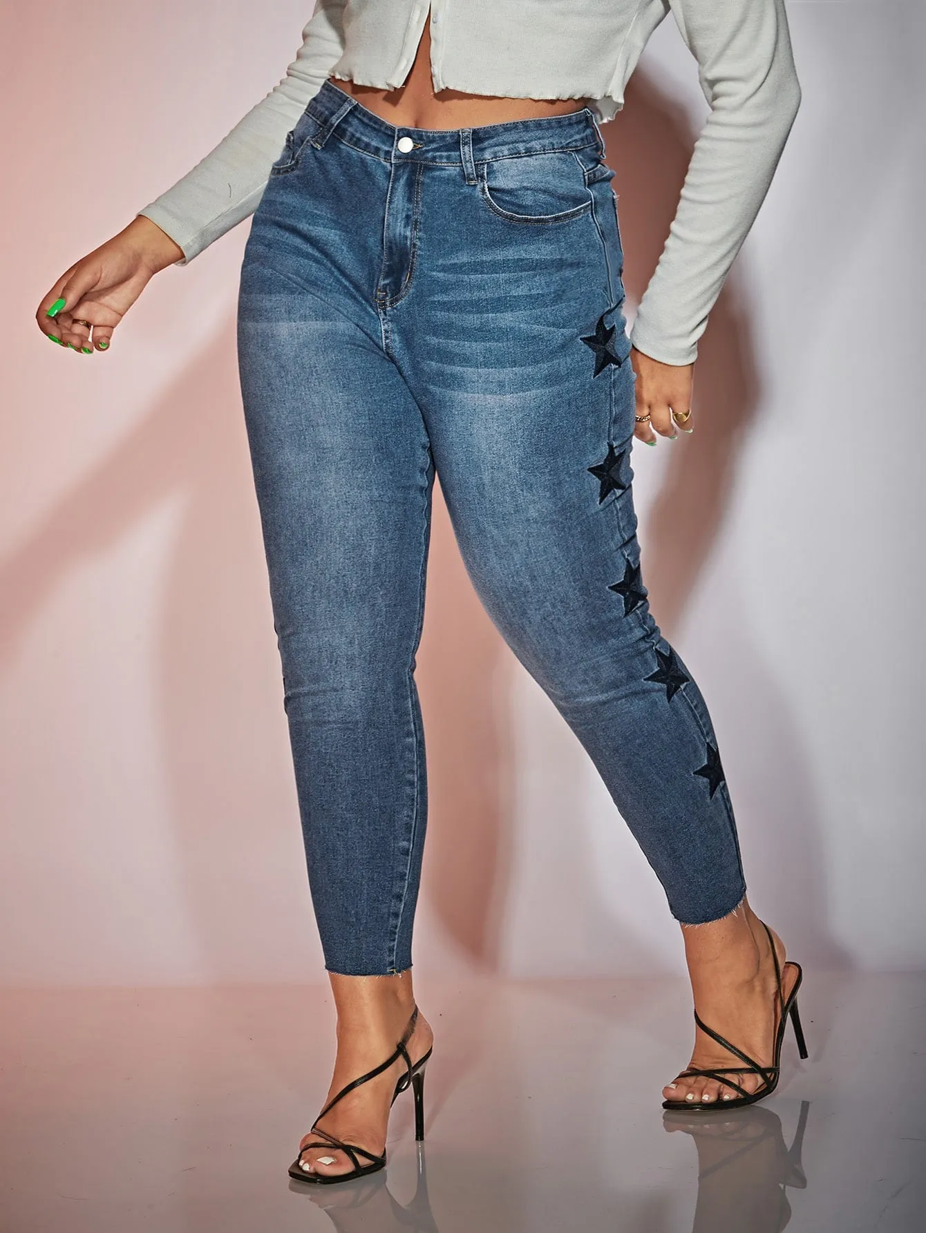 Geometric Washed High Waist Cropped Plus Size Jeans