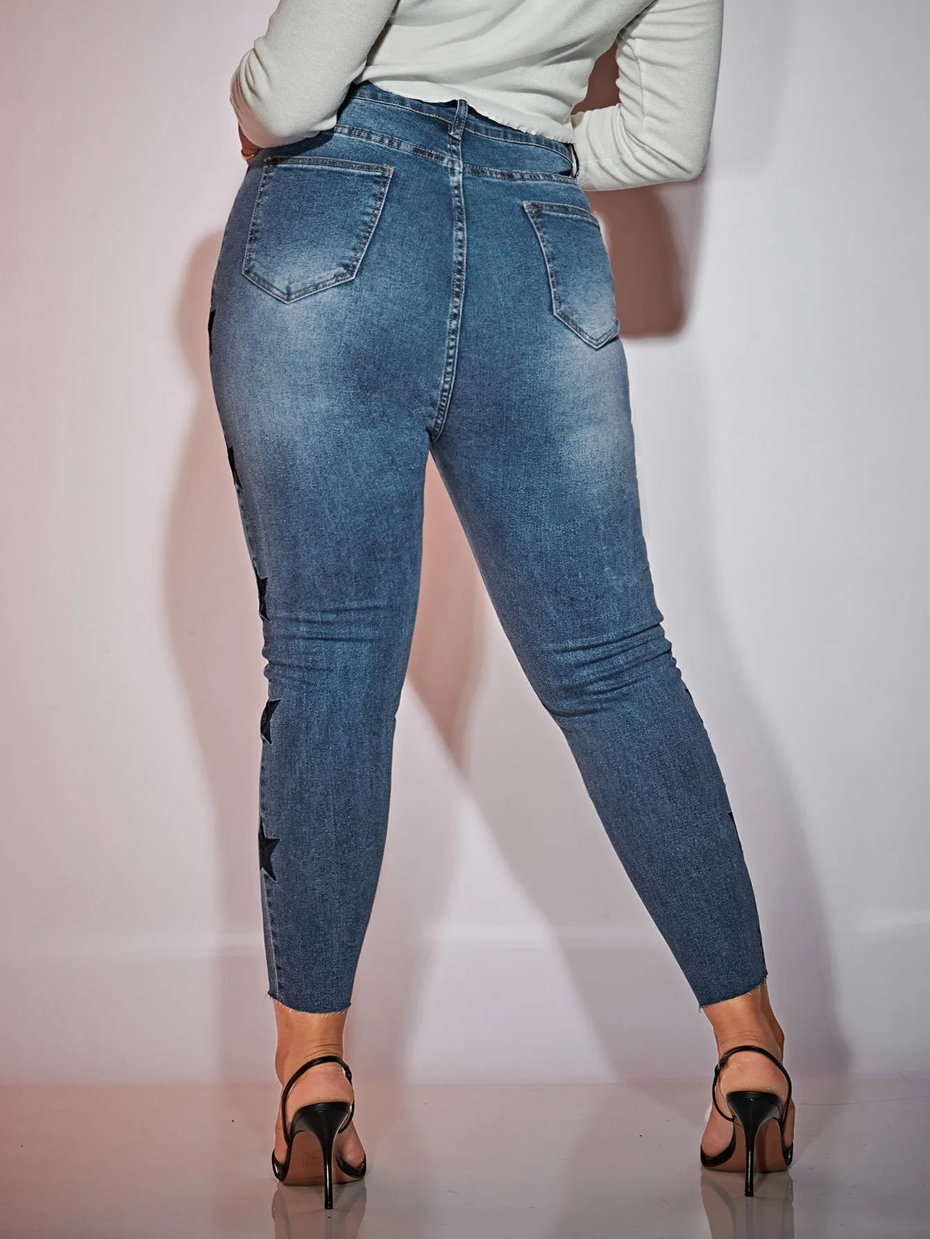 Geometric Washed High Waist Cropped Plus Size Jeans