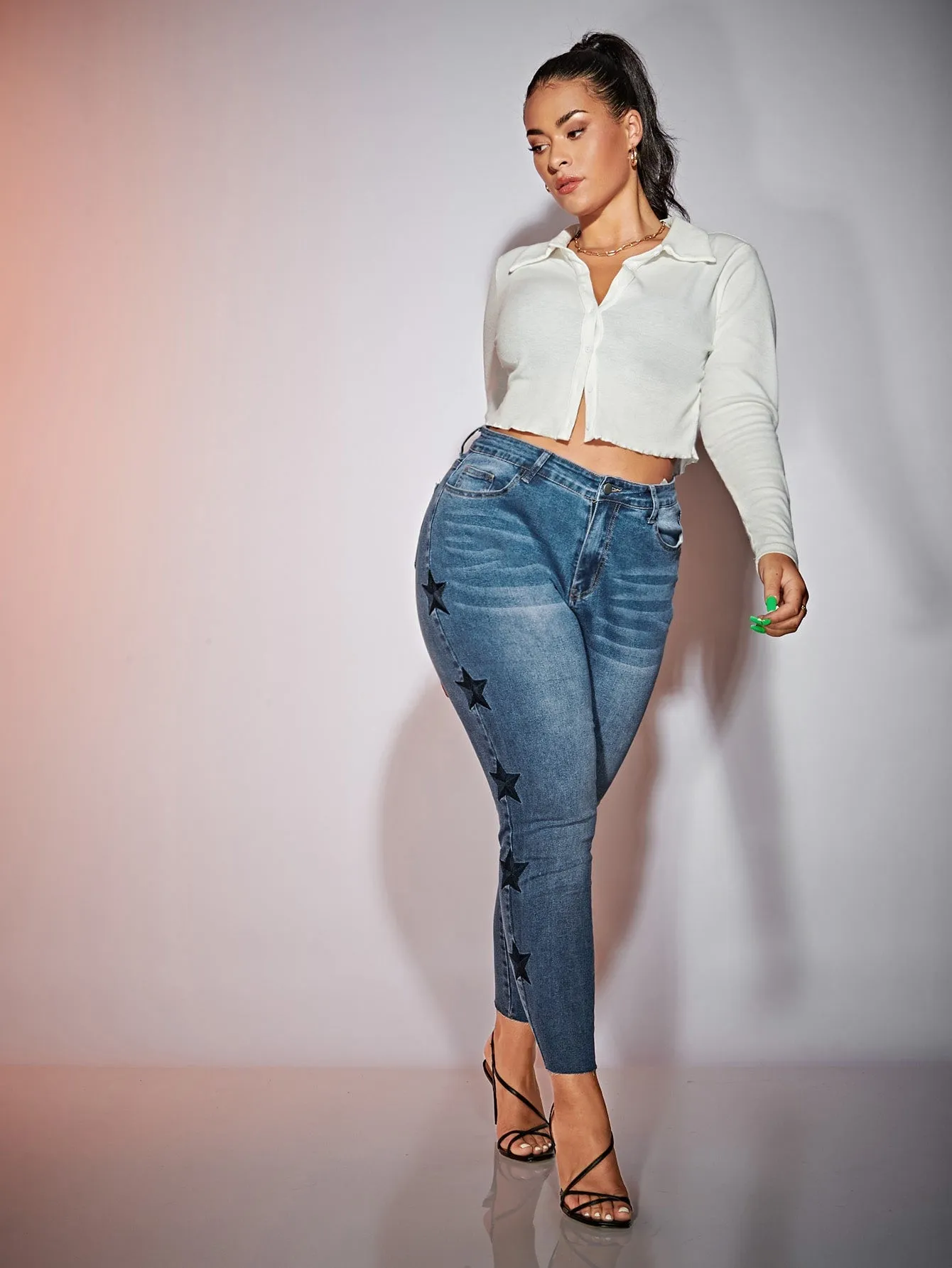 Geometric Washed High Waist Cropped Plus Size Jeans
