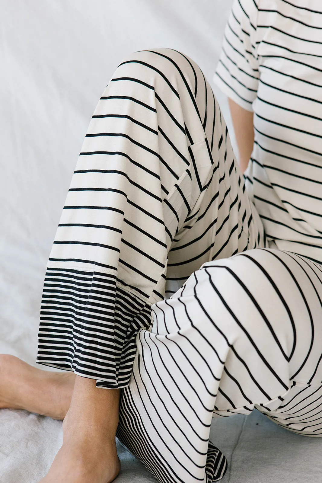 HENLEY STRAIGHT LEG PANTS SET MODAL | Black & Cream Stripe