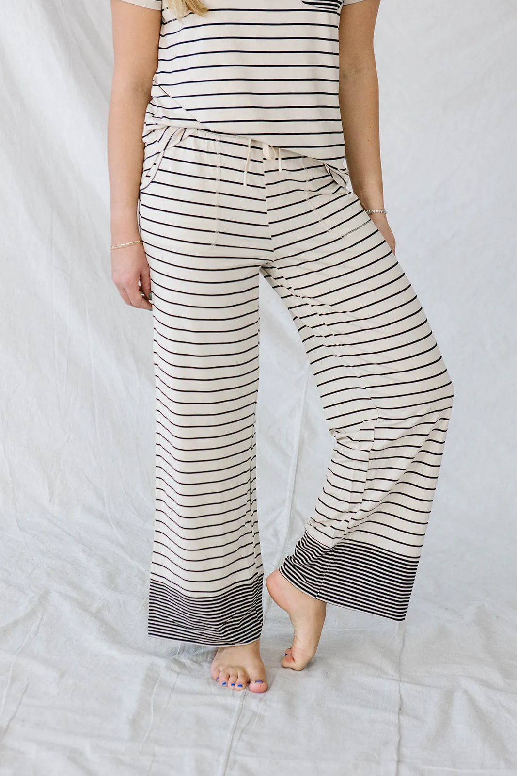 HENLEY STRAIGHT LEG PANTS SET MODAL | Black & Cream Stripe