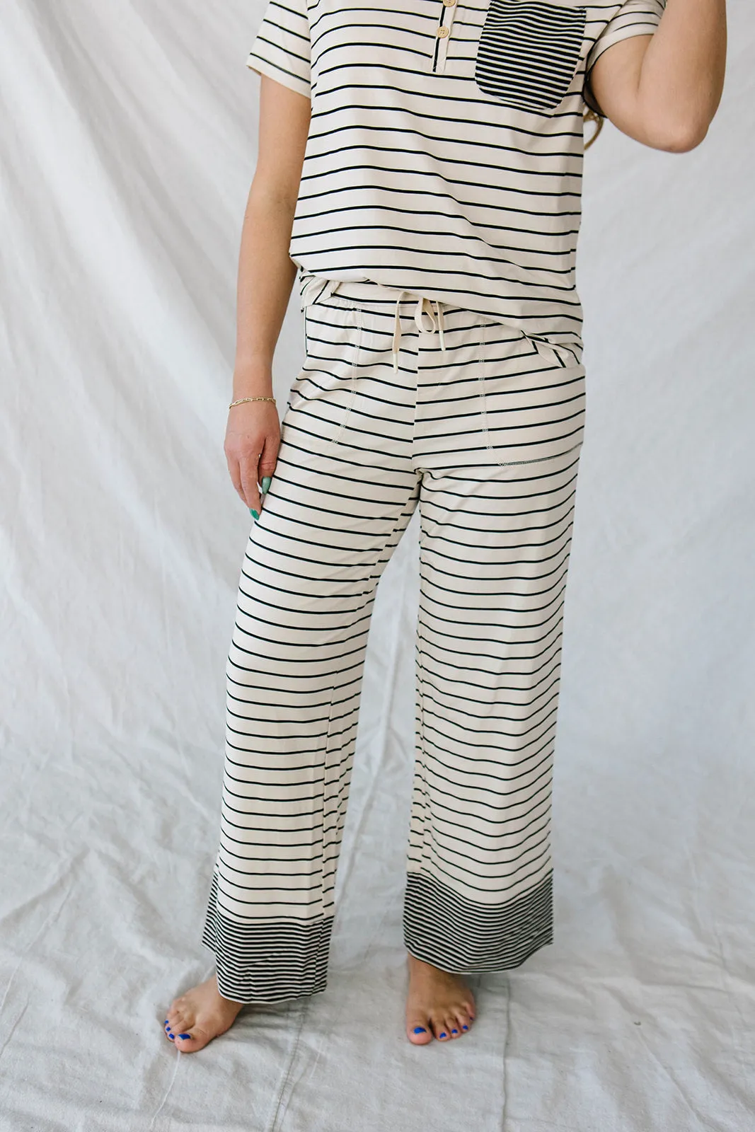 HENLEY STRAIGHT LEG PANTS SET MODAL | Black & Cream Stripe