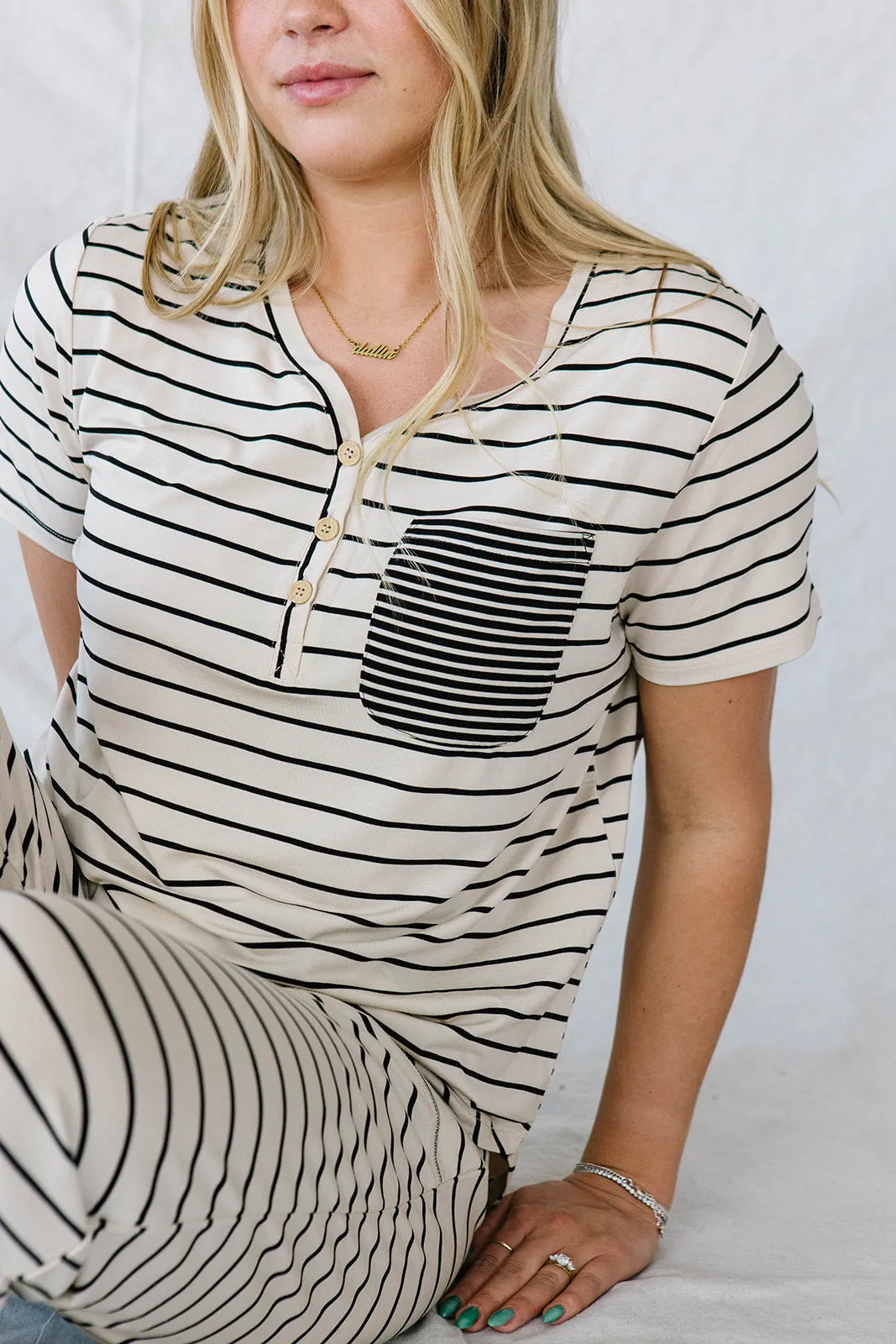 HENLEY STRAIGHT LEG PANTS SET MODAL | Black & Cream Stripe