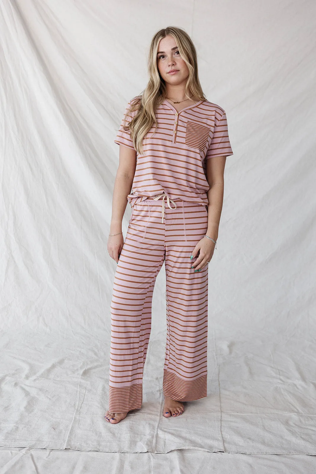 HENLEY STRAIGHT LEG PANTS SET MODAL | Mauve & Maple Stripe
