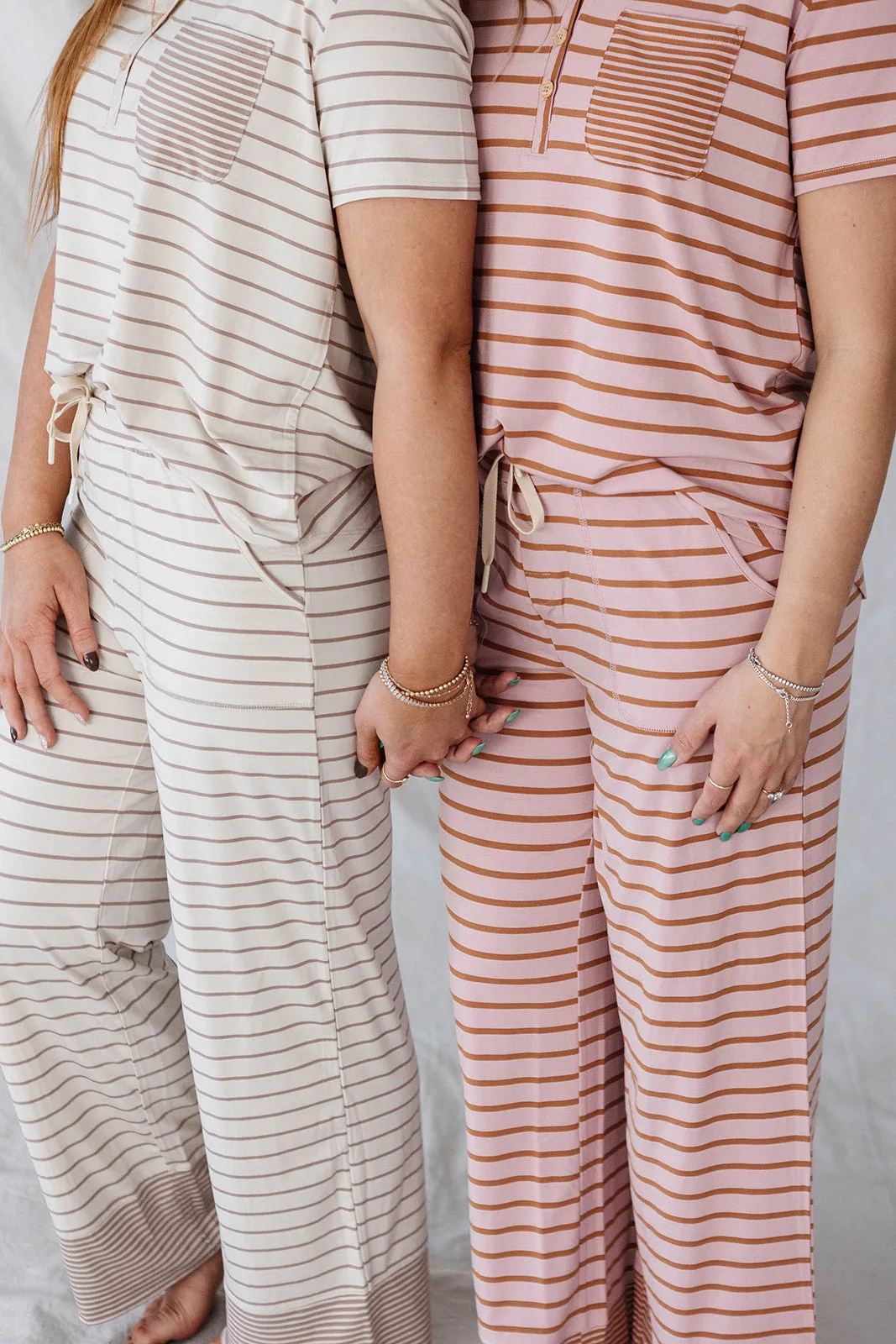 HENLEY STRAIGHT LEG PANTS SET MODAL | Mauve & Maple Stripe