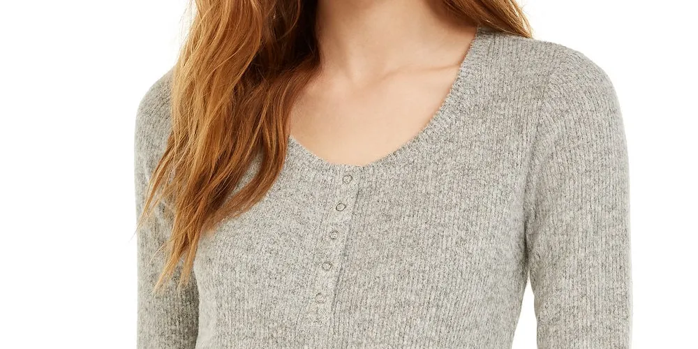 Hippie Rose Juniors' Henley Top Gray Size Extra Large