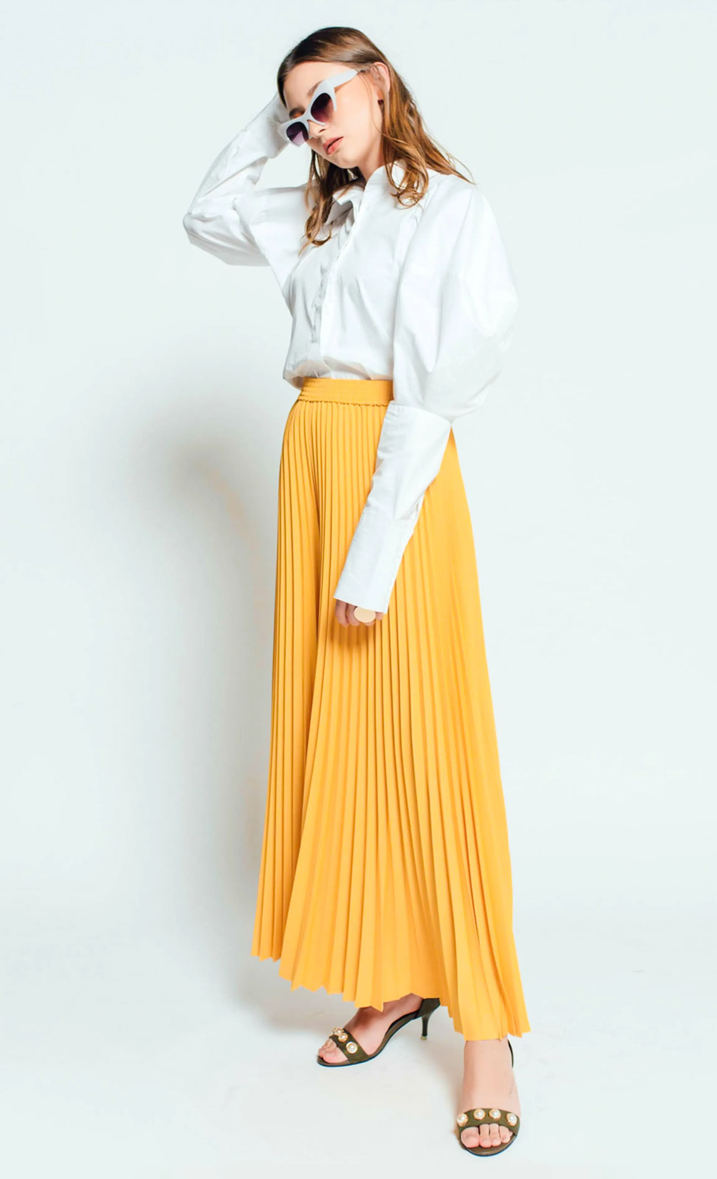Julia Flared Pleated Palazzo in Mustard