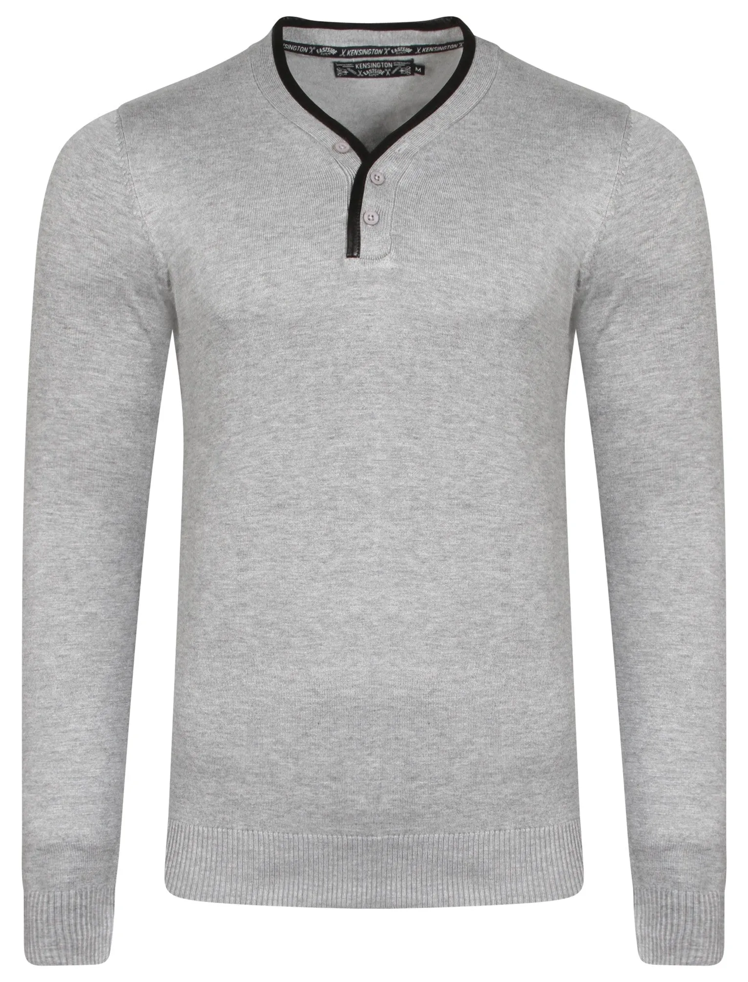 Kallias Faux Leather Trim Henley Jumper in Light Grey Marl - Kensington Eastside
