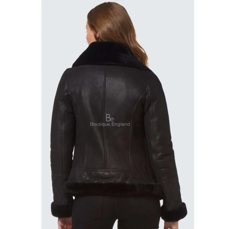 Ladies Fitted Sheepskin Jacket Black Classic B3 Sharling Fur Collared Jacket