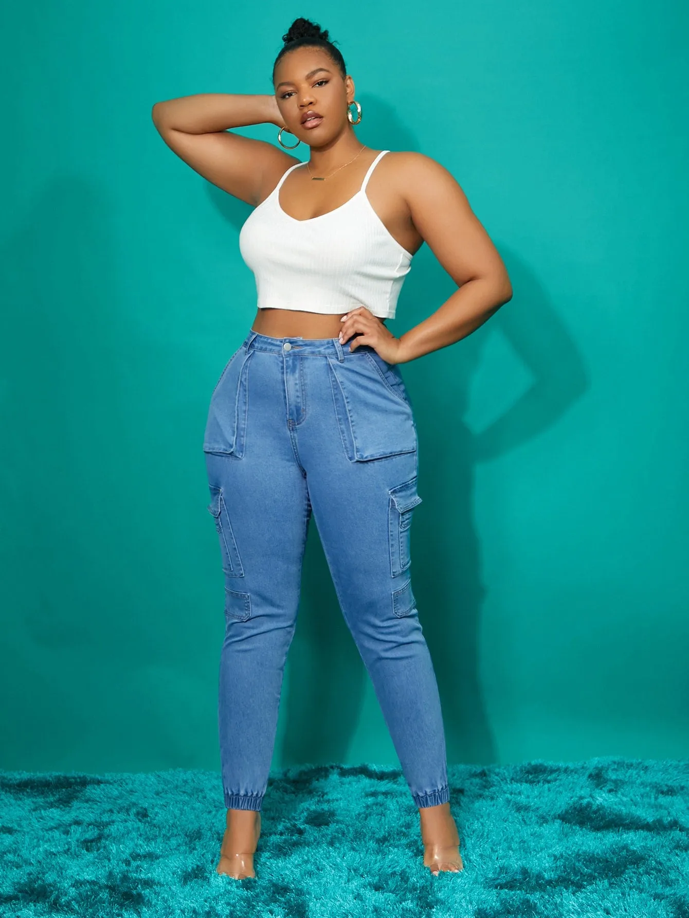Plain Button Front High Waist Cropped Plus Size Jeans