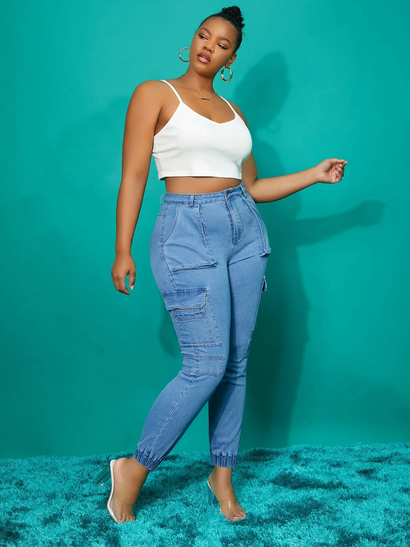 Plain Button Front High Waist Cropped Plus Size Jeans