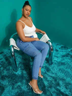 Plain Button Front High Waist Cropped Plus Size Jeans