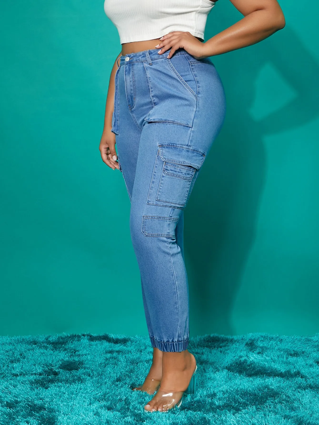 Plain Button Front High Waist Cropped Plus Size Jeans