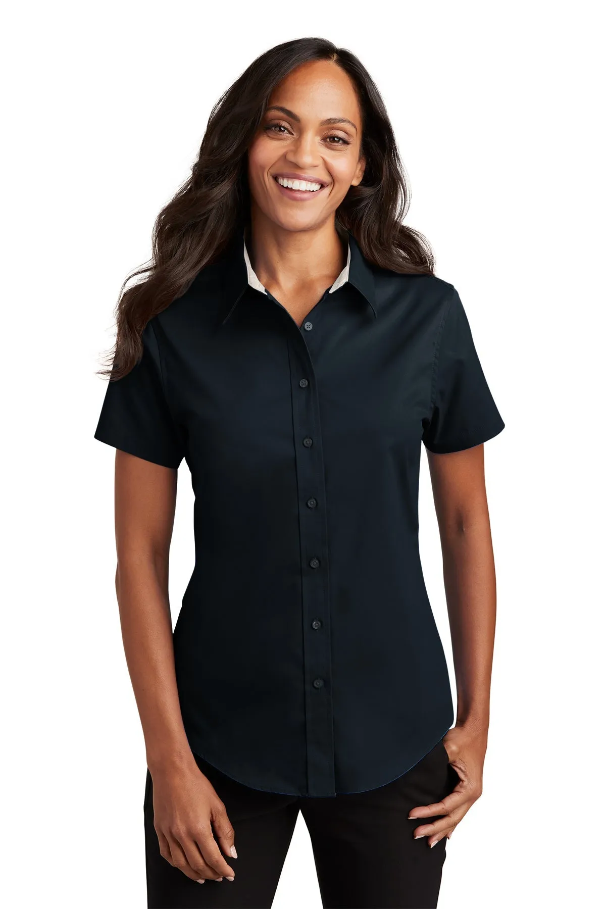 Port Authority Ladies Short Sleeve Easy Care Custom Shirts, Classic Navy/Light Stone