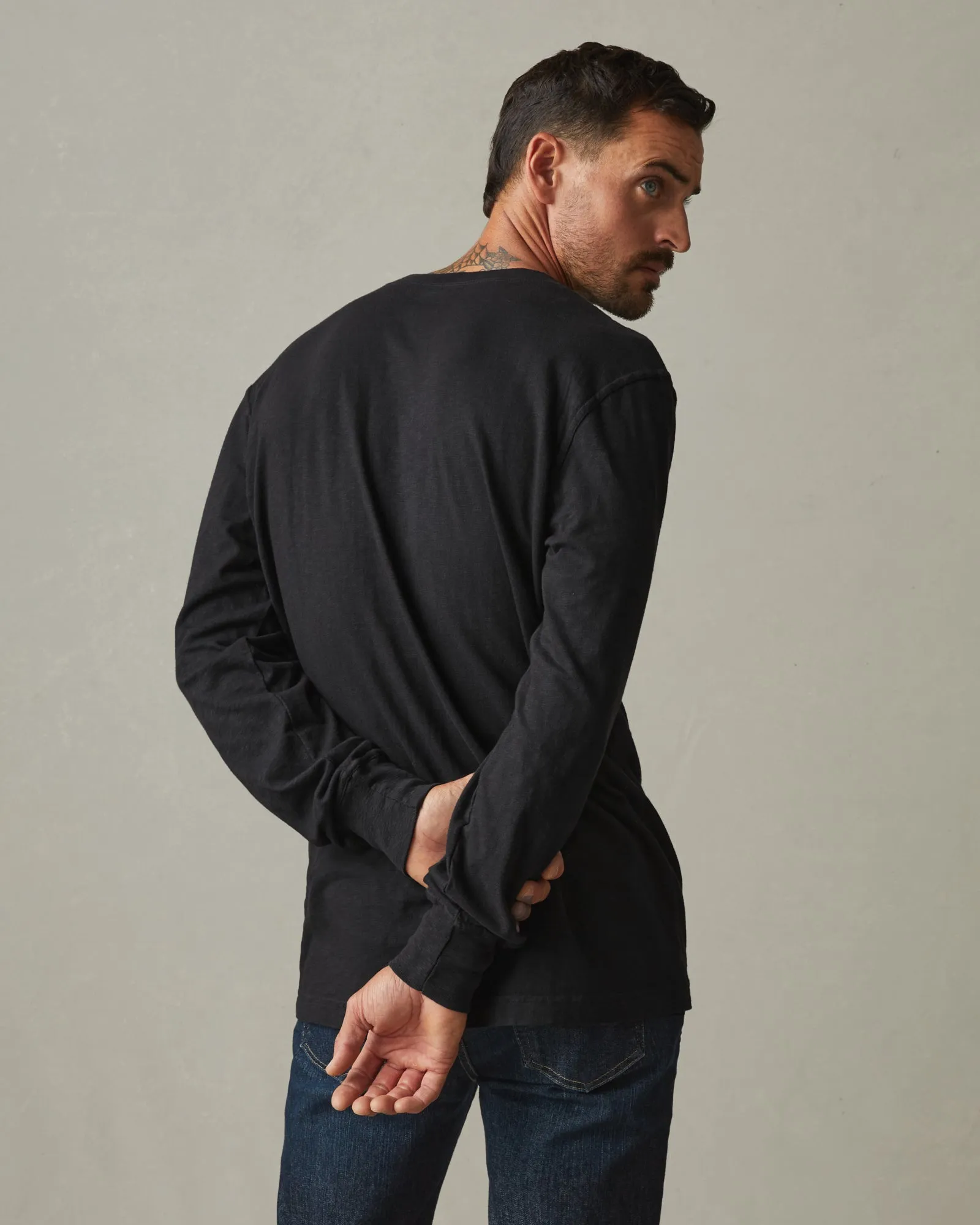 Premium Slub Henley Tee Long Sleeve - Black