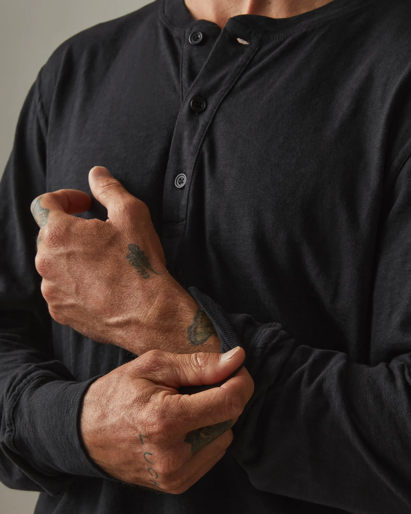 Premium Slub Henley Tee Long Sleeve - Black