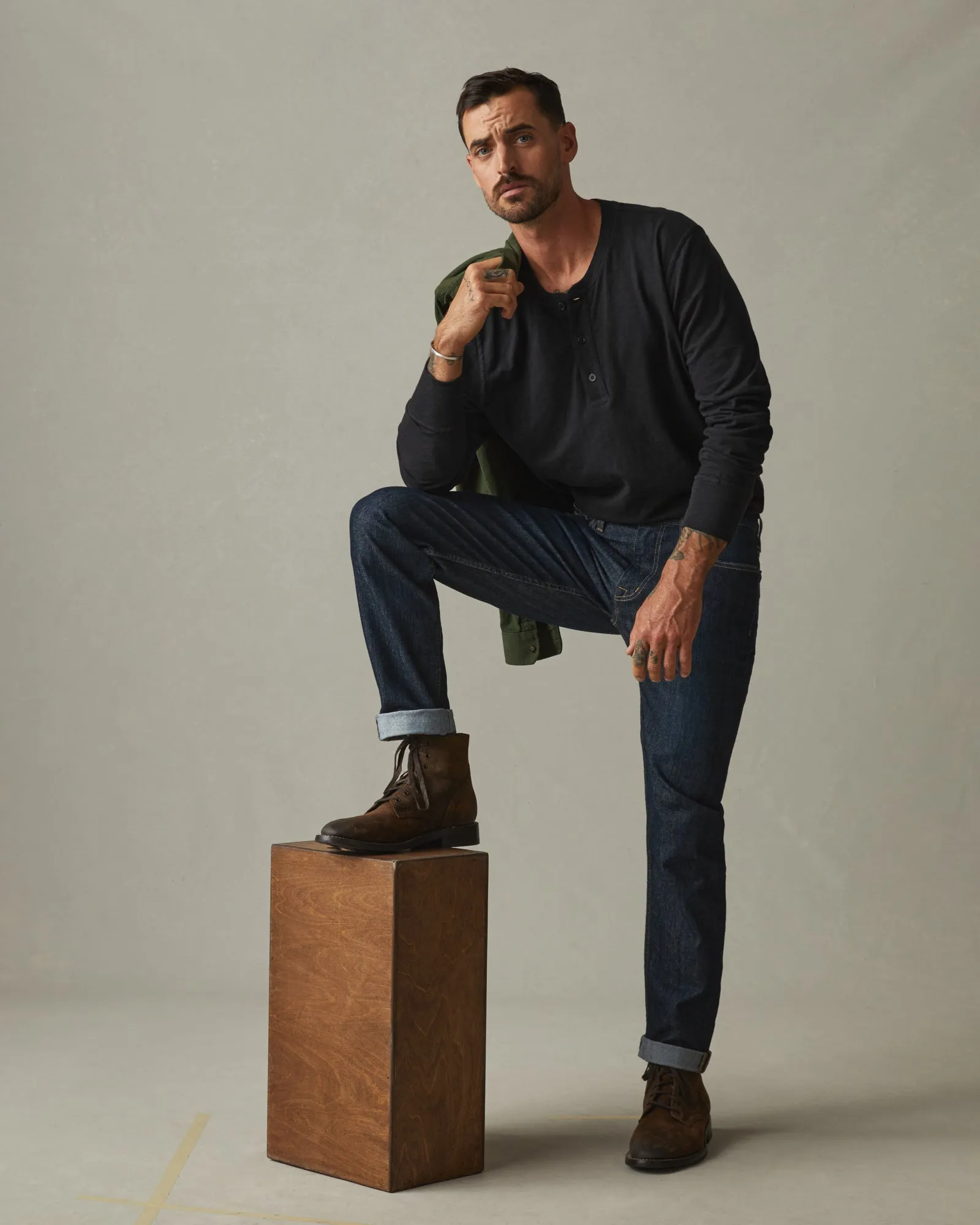 Premium Slub Henley Tee Long Sleeve - Black