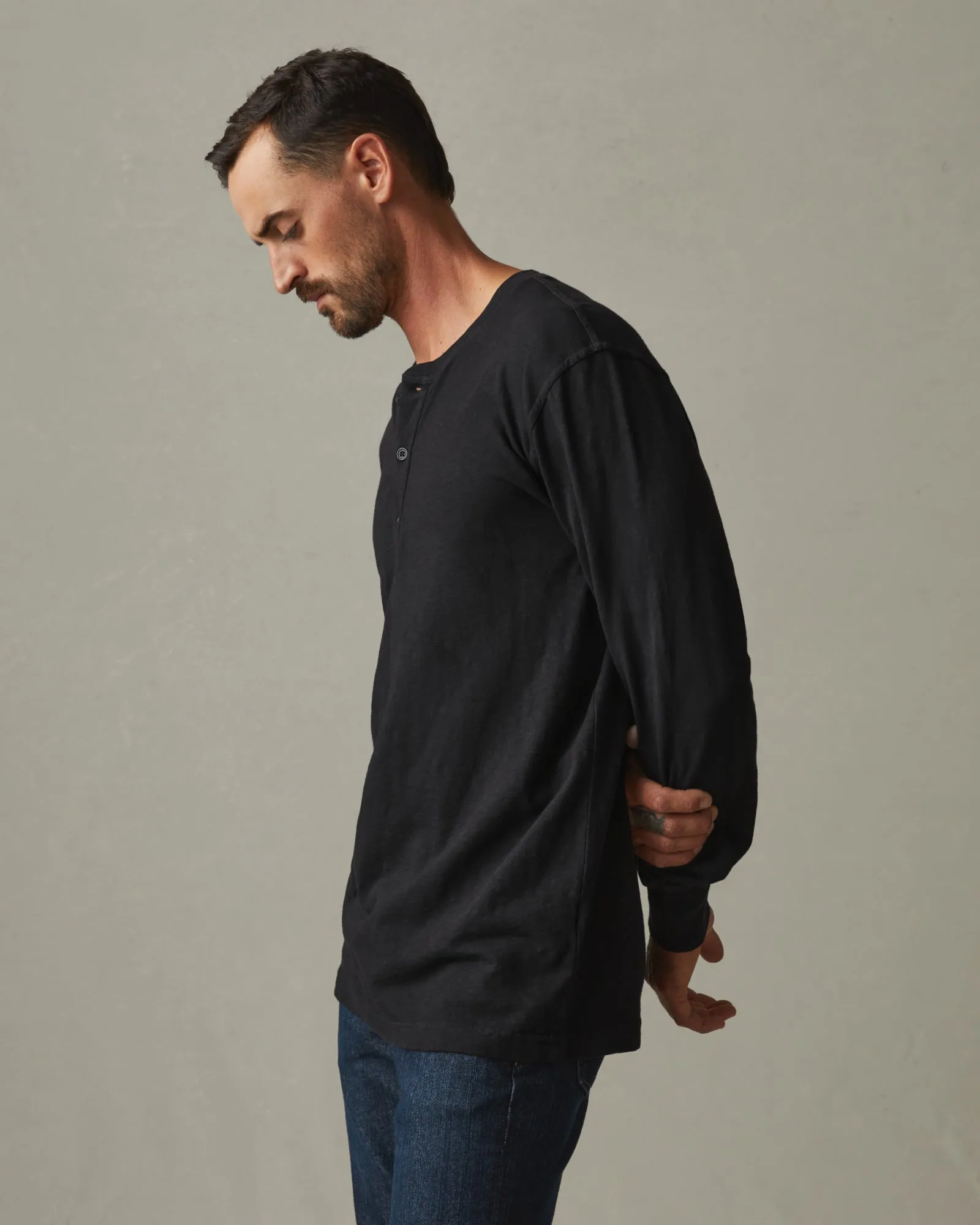 Premium Slub Henley Tee Long Sleeve - Black