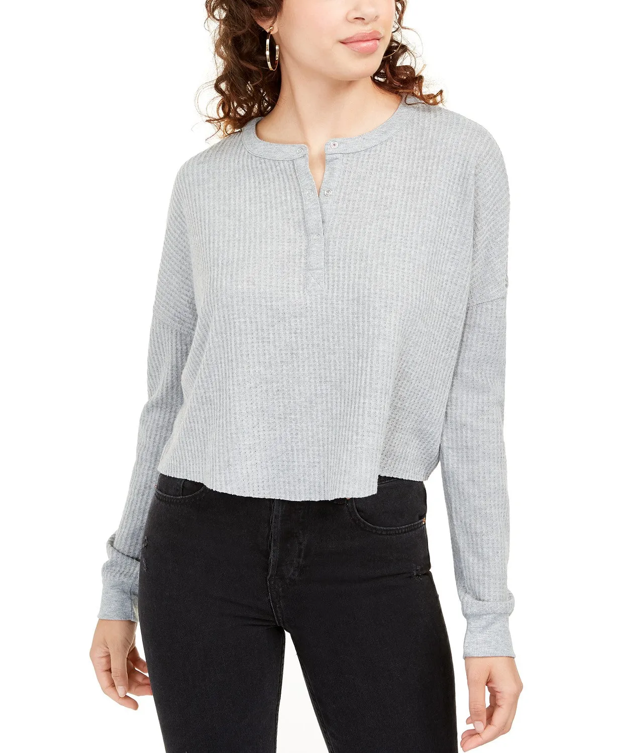 Self Esteem Juniors' Plush Waffle Henley Top Gray Size Extra Large