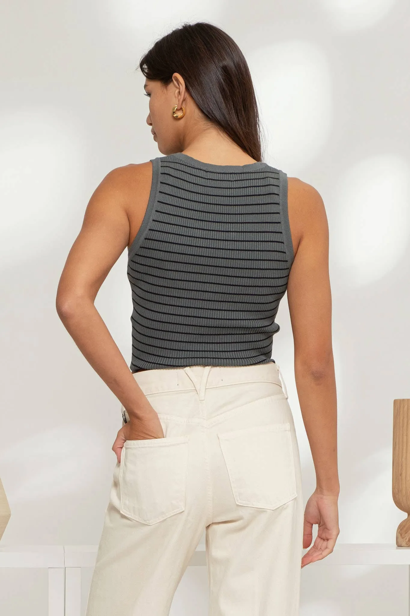 STRIPE SLEEVELESS HENLEY KNIT CROP TOP
