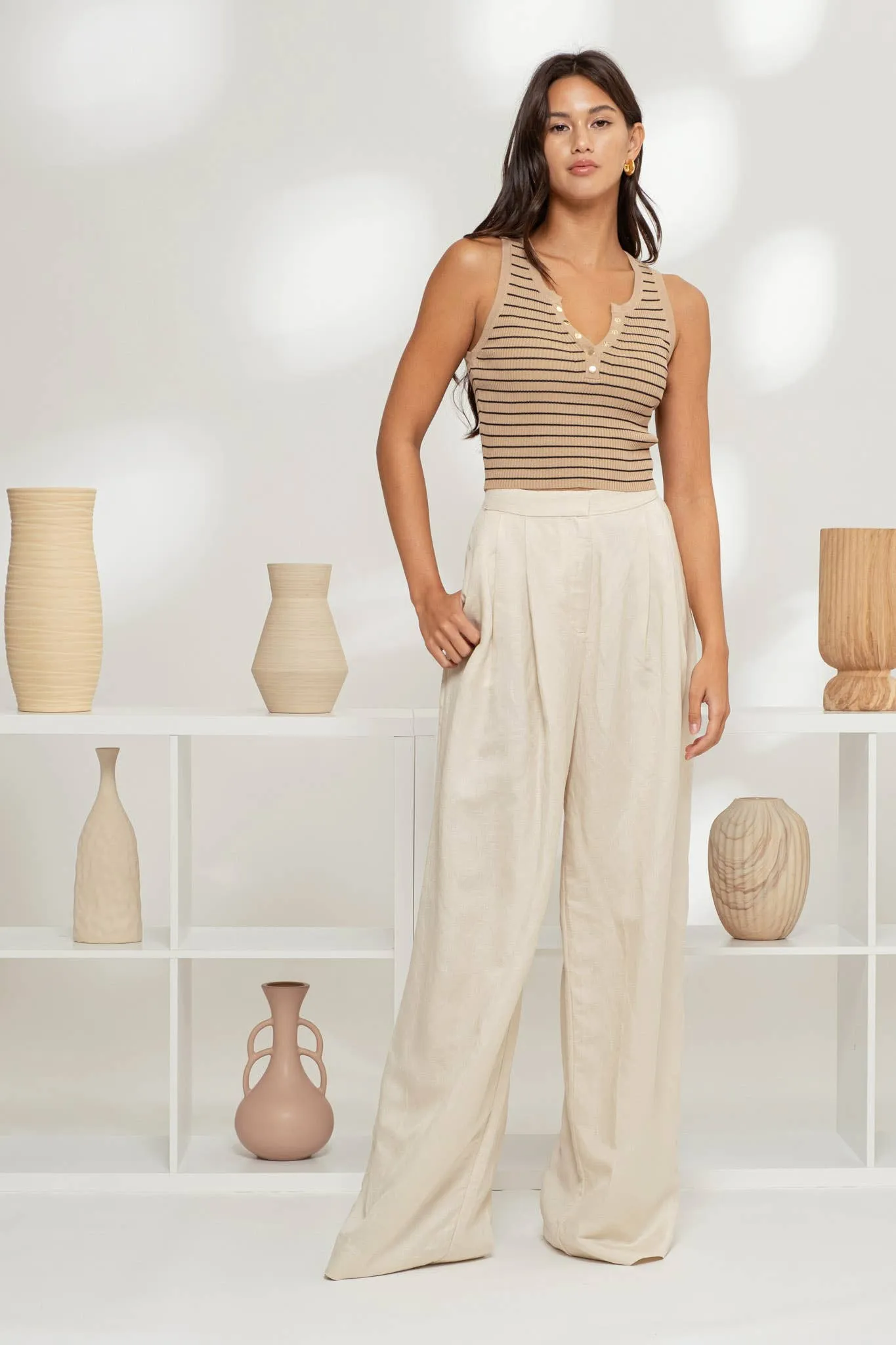 STRIPE SLEEVELESS HENLEY KNIT CROP TOP