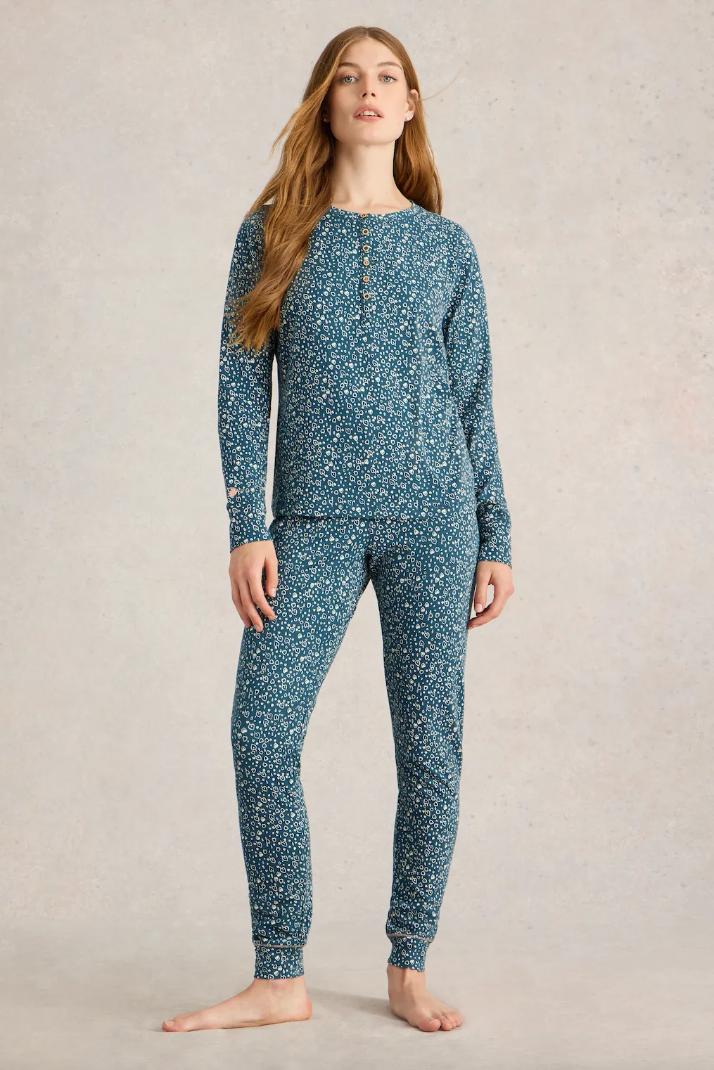 White Stuff Hailey Henley Jersey Teal Print Top